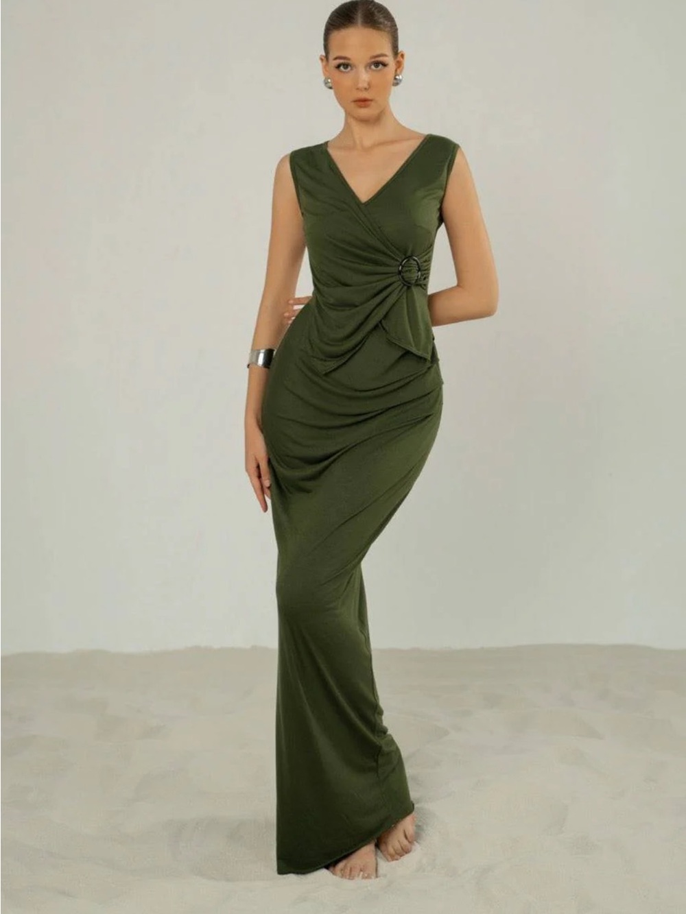 Olive Green Sleeveless Top and Maxi Skirt Set with Side Ring Detail